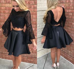Sexy Black Juliet Long Sleeves Homecoming Prom Dress Short Jewel Neck Sequin Beaded Two Pieces Satin Party graduation Cocktail Dress