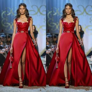 Elegant Red Prom Dresses Spaghetti Straps A Line Satin Thigh High Slits Sexy Evening Gowns with Belt Floor Length Special Occasion Dresses