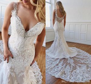 Gorgeous Lace Sexy Mermaid Dresses New V Neck Backless Appliqued Formal Church Wedding Dress Bridal Gowns Vestidos De Mariee estidos