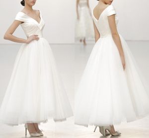 Nowy V Neck Sukienka ślubna Długość kostki Długość Satynowa Tulle Plisowane Eleganckie Białe Suknie Ślubne Cap Rękaw Simple Plus Size Vestido de Novia