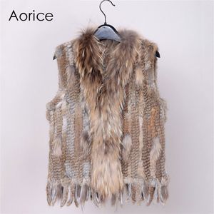 18 colors Women Genuine Knitted Rabbit Fur Vests with tassels Raccoon Fur Trimming Waistcoat wholesale drop shipping VR032 CJ191206