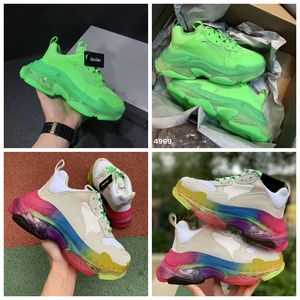 Designer Triple S Rainbow Casual Shoes Men Neon Green Triple S Sneaker Women Leather Casual Shoes Low Top Lace-Up Casual Flat Shoes