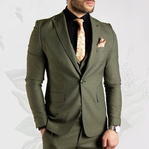 Avcı Yeşili Düğün Damat Smokin Yakışıklı Slim Fit Pantolon Balo Parti Erkek Resmi Giyim Blazer Suits (Ceket + Yelek + Pantolon)