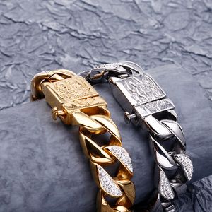 16MM Stainless Steel Gold Curb Cuban Chain Bracelet Men Women Hiphop CZ Zircon Crystal Biker Skull Wristband Jewelry Mens Bracelets Bangles