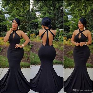 Prom Mermaid Sexy Black Dresses Halter Hollow Back Sweep Train Ruched Custom Made Plus Size African Formal Evening Party Gowns