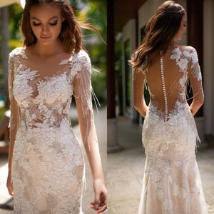 2020 Millanova Mermaid Wedding Dresses Jewel Long Sleeve Beads Tassel Appliques Lace Wedding Gowns Sweep Train Vestidos De Novia