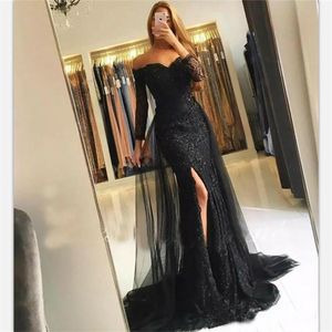 Elegant svart spets Mermaid Prom Dresses Side Split V Neck Off Shoulder Evening Gowns 3/4 Ärmar Formell Klänning Vestidos De Fiesta ED1338