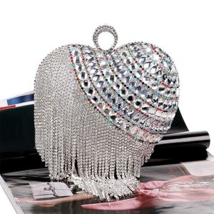 Designer- Special Heart Shape Evening Bag Luxury Tassel Diamond Day Clutch Gold Women Wedding Bags Chain Handbag Totes bolsos mujer ZD372