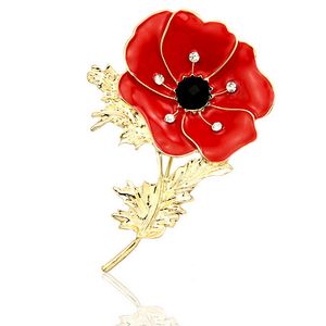 Gold Tone Red Enamel Poppy Brooch Festive Party Supplies UK Fashion Crystal Diamante Poppy Flower Pin Brooches
