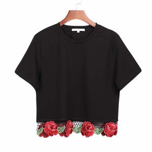 Mode-Neue Frauen Mode Blume Stickerei Crop Top Frauen Sommer T-Shirts Kurzarm Schwarz Tops Femme T Shirt Baumwolle