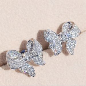 Nya ankomst lyxiga smycken 925 Sterling Silver Pave White Sapphire CZ Diamond Gemstones Bow Party Women Wedding Stud Earring Present G230602