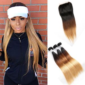 Malaysian Human Hair 1B 4 27 Ombre Hair Straight Virgin Hair 1B 4 27 Three Tones 3 Bundles With 4X4 Lace Closure Middle Three Free Part