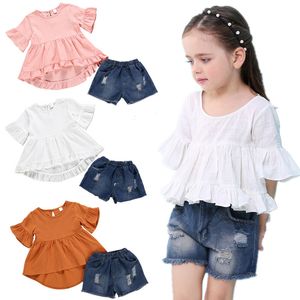 Baby Girls Denim Outfits Infant Solid Ruffle Tops Leisure Baby Clothes Kids Casual Clothes Girls Toddler Pocket Denim Shorts Suit 060506