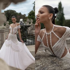 2019 Charchy Bohemian Bröllopsklänningar Kortärmad Lace Appliqued Pärlor Trumpet Bridal Gowns Sexig Illusion Boho Beach Vestido de Novia