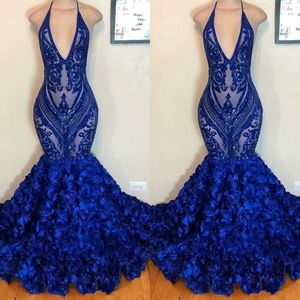 Kraliyet Seksi Mavi Prom Elbiseler Çiçek Ruffles Pullar Dantel Aplikler Halter Denizkızı Akşam Elbise Özel Yapımı Özel Ocn Elbise