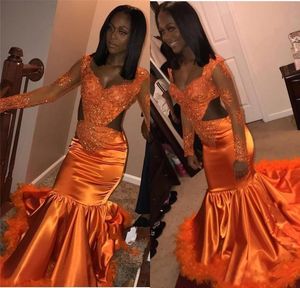 2019 Nowy Luksusowy Orange Mermaid Prom Dresses Koronki Satin Aplikacje Cekiny Sweetheart Długie Rękawy Czarna Girl Plus Size Party Suknie wieczorowe