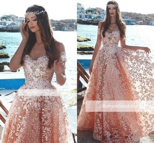 Arabisk Utsökt Peach Long Prom Klänningar Off Axlar Sequined Lace Appliques Formell Aftonklänning Kändis Vintage Prom Kvällsklänning