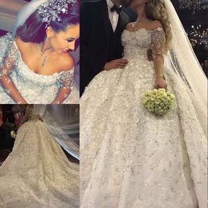 Gorgeous Arabia Princess Wedding Dress Beads 3D Petals Lace Applique Ball Gown Bridal Dress Off Shoulder Long Sleeve Plus Size Wedding Dress