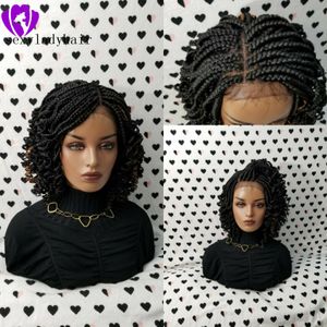 2020 Ny spets frontal kort flätat peruker för svarta kvinnor syntetiska spets front flätor peruk med lockigt tips baby hår