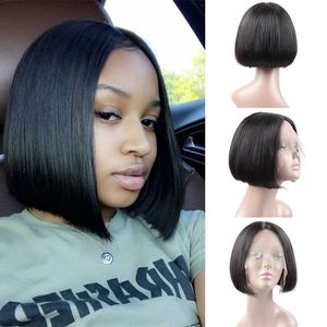 Ishow T Swiss Lace Front Wigs Short Bob Frontal Wig 8-14inch Straight Human Hair wigs Brazilian Virgin for Women All Ages Natural Color Black