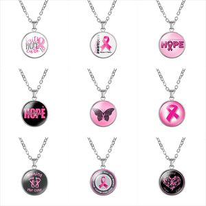 Wholesale hope faith believe resale online - 12 styles Breast Cancer Awareness necklaces For women Pink ribbon Glass Pendant Faith Hope Cure Believe Fashion Jewelry Gift