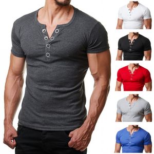 Henley T Shirt Men 2020 Summer Fashion V Neck Short Sleeve Tee Shirt Homme Casual Slim Fit Metal Button Design Mens T-shirts XXL