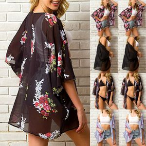 Camicia da donna con camicetta e camicetta copricostume da spiaggia in cardigan kimono con scialle in chiffon floreale da donna