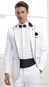 Handsome White Groom Tuxedos Peak Lapel Man Prom Dress Blazer Mens Bröllop Busienss Passar (Jacka + Byxor + Tie) H: 959