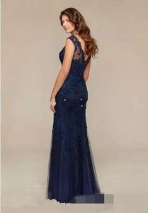 Sheer Crew Neck Elegant Mother Of The Bride Dresses New Arrival Navy Blue Lace Long Mermaid Evening Dress Evening Party Gowns310t