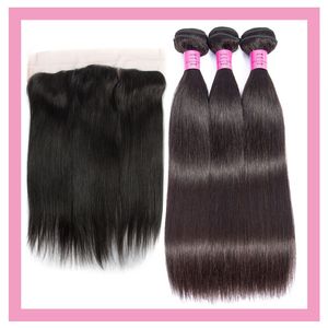 Malaysisch unverarbeitetes menschliches Haar 3 Bündel mit 13x4 Spitzen Frontal Baby Haarverlängerungen Straight Human Hairs Schussfront 10-30 Zoll