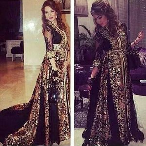 Vintage Dubai Arabic Kaftan Black Chiffon Long Sleeve Evening Dresses Long Middle East Vestidos De Festa V-neck Muslim Prom Dress BA3232