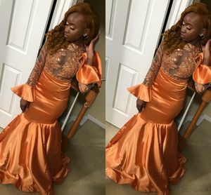 Orange Mermaid Prom Klänningar 2019 med långa ärmar Illusion Appliques Sequined African Formal Evening Party Gowns Plus Storlek