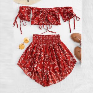 Women Set Off Shoulder Cinched Print Short Sleeves Crop Top Two Piece Set Summer Style Draped Short Pants Beach Boho Suits