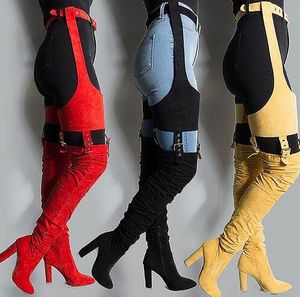 Heiße Rihanna-Flock-hohe Stiefel für den Winter, über dem Knie, modische Stiefel mit Absatz, fester, spitzer Zehenbereich, quadratischer Absatz, Gummistiefel mit Reißverschluss