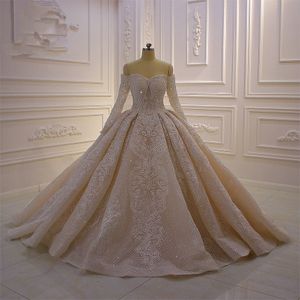 Off Shoulder Ball Gown Wedding Dresses Long Sleeves Lace Appliqued Bridal Dresses Beaded Sequins Plus Size Wedding Gowns robe de mariee
