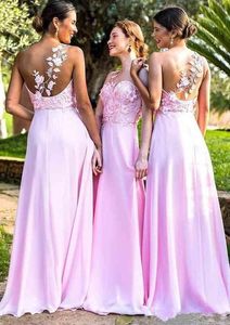 Sexig Princess One-Shoulder Pink Chiffon Bridesmaid Dresses Lace Applique Sweep Train Maint of Honor Gowns Formell Bröllop Gästklänningar Z27