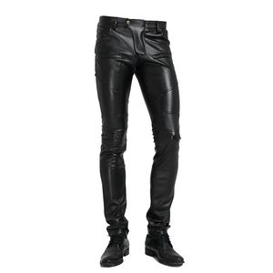 2019 nowe czarne ciasne skórzane spodnie męskie samoprzylepne spodnie skórzane motocyklowe spodnie męskie szwy PU Spodnie Streetwear