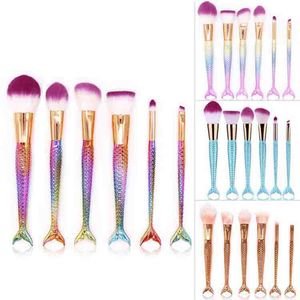 Mermaid Tail Makeup Brushes Set Coloful Blush Foundation Cosmetic Mermaid Brush Makeup Beauty Contour Fish Tail Brush 6pcs/set RRA1295