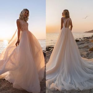 2019 Bohemian A Line Wedding Dresses High Neck spetsar backless Cap Hylsa Sweep Train Brudklänningar plus storlek Beach Boho Vestido de Novia