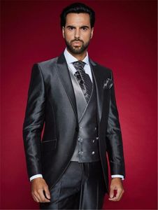 Charcoal Grey Groom Tuxedos Peak Lapel One Button Men Wedding Dress Best Popular Men Business Prom Party Suit(Jacket+Pants+Tie+Vest) 2266