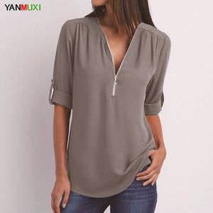 Şifon Artı Boyutu S-5XL Bayan Rahat V Yaka Fermuar Tunik Tops Yaz 2018 kadın Moda Bluzlar Kadın Giysileri Ropa Mujer Y190510