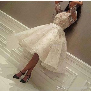 Arabic Lace A Line Cocktail Dresses Applique Sheer 1/2 Long Sleeves Knee Length Short Party Prom Evening Dresses robes de soirée