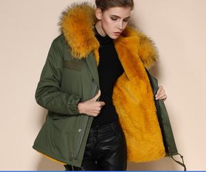 Frauen fur Parkas 패션 노랑 너구리 모피 트림 hoody 여성 코트 Meifeng 브랜드 노란 토끼 모피 안감 군대 녹색 캔버스 미니 파카