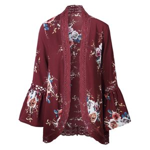 Women Boho Lace Blouses Patchwork Floral Print Coat Tops Casual Kimono Cardigans Shirts Fashion Spring Summer Autumn