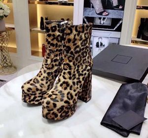 Luksusowy projektant Damska kostka Wysoka Chunky Heel 13 CM Platforma Słagowana dno Jesień Zimowe buty Leopard Drukuj Koń Włosy Buty Rozmiar 35-41
