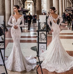 Nowe iluzja długie rękawy koronkowe sukienki ślubne syrenki Sheer siathet Top Open Back Bridal Wedding Suknie dla panny młodej de Mariee