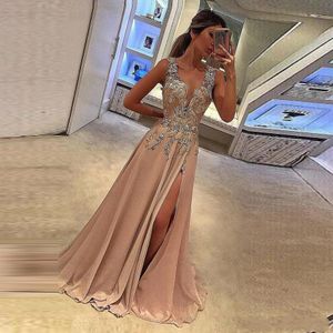 2019 neuer sexy Champagner A-Line Abschlussball billige Deep V-Ausschnitt Applizes Side Split ärmellose kundenspezifische formale Partykleider Abendkleider Verschleiß