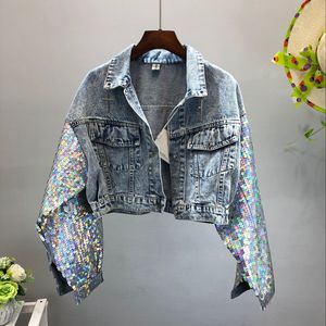 Moda Design Punk Style Kobiety Spring Jacket Płaszcz Cekiny Sleeve Kobiety Denim Długi Kurtka Płaszcz Crop Topy Abrigos Mujer Kobieta