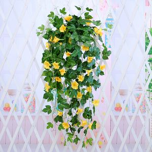 1Pc Artificiale Morning Glory Vite Hanging Wall Plant Ghirlanda Finto Giardino Recinzione Finestra Verde Foglia Piante Artificiali Decor