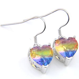 Plated 925 Silver Heart Cut Bi Färgad Tourmaline Dangle Örhängen Rainbow Örhängen Bröllop Smycken Kvinna GRATIS Fartyg